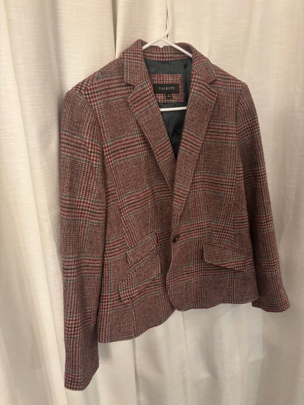 Talbots Glen Plaid Blazer Burgundy Houndstooth One Button Size 8